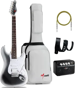 MST-1 39 Inch Electric Guitar Kit, Beginner Starter Full Size Solid Body Electric Guitar With HSS Pickups, Gig Bag, Amplifier, Strap, Cable, Picks, String (MetalBlackBurst)