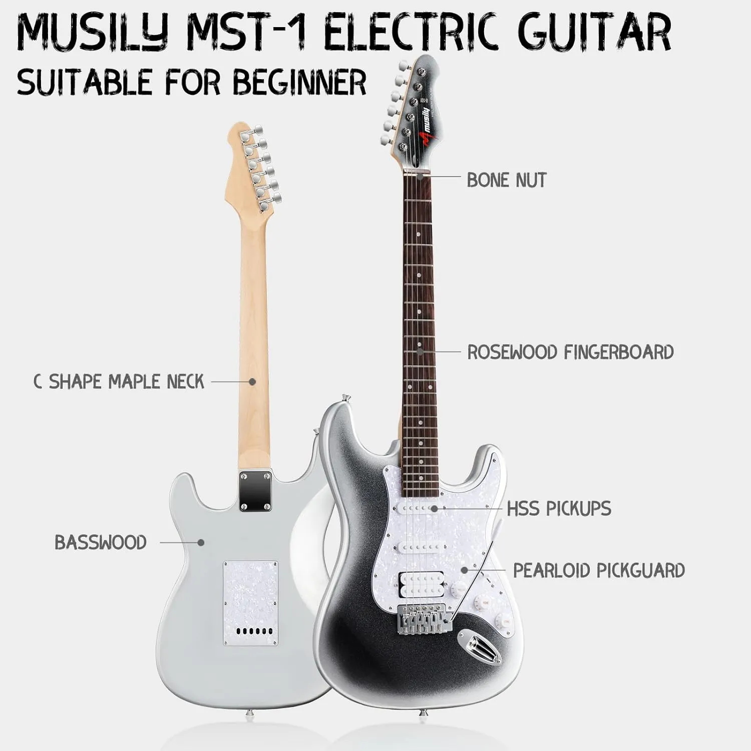 MST-1 39 Inch Electric Guitar Kit, Beginner Starter Full Size Solid Body Electric Guitar With HSS Pickups, Gig Bag, Amplifier, Strap, Cable, Picks, String (MetalBlackBurst)