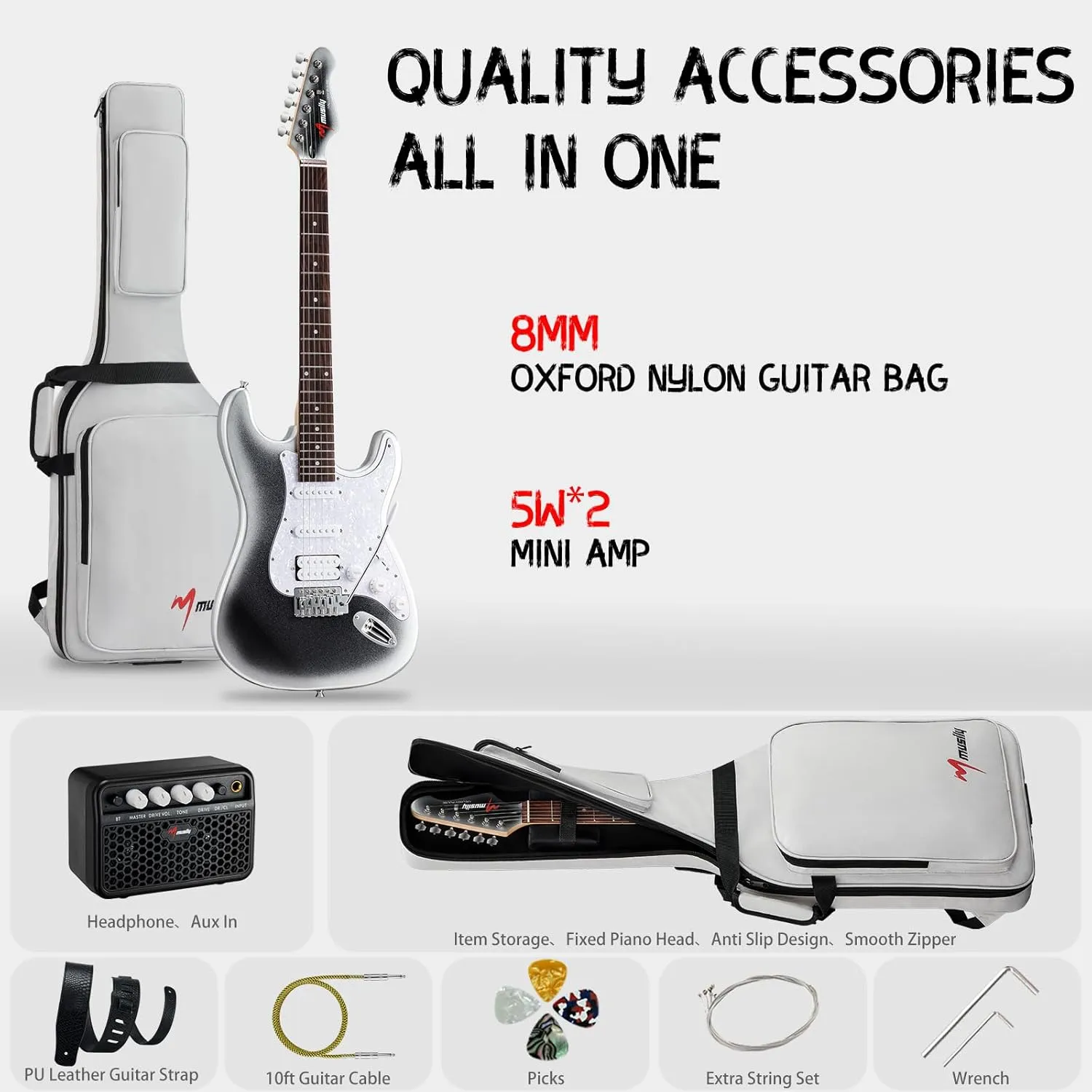 MST-1 39 Inch Electric Guitar Kit, Beginner Starter Full Size Solid Body Electric Guitar With HSS Pickups, Gig Bag, Amplifier, Strap, Cable, Picks, String (MetalBlackBurst)