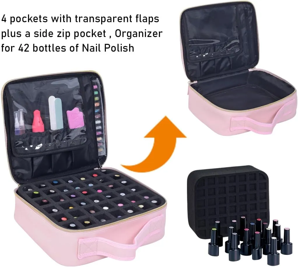 Nail Polish Organizer Case - PU Leather Portable Cosmetic Bag Hold 42 Bottles (15 ml/0.51 floz) with Removable Partition (Pink)