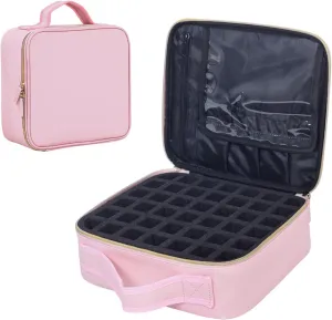 Nail Polish Organizer Case - PU Leather Portable Cosmetic Bag Hold 42 Bottles (15 ml/0.51 floz) with Removable Partition (Pink)