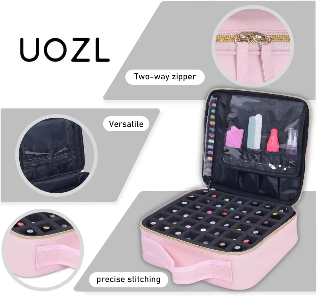 Nail Polish Organizer Case - PU Leather Portable Cosmetic Bag Hold 42 Bottles (15 ml/0.51 floz) with Removable Partition (Pink)