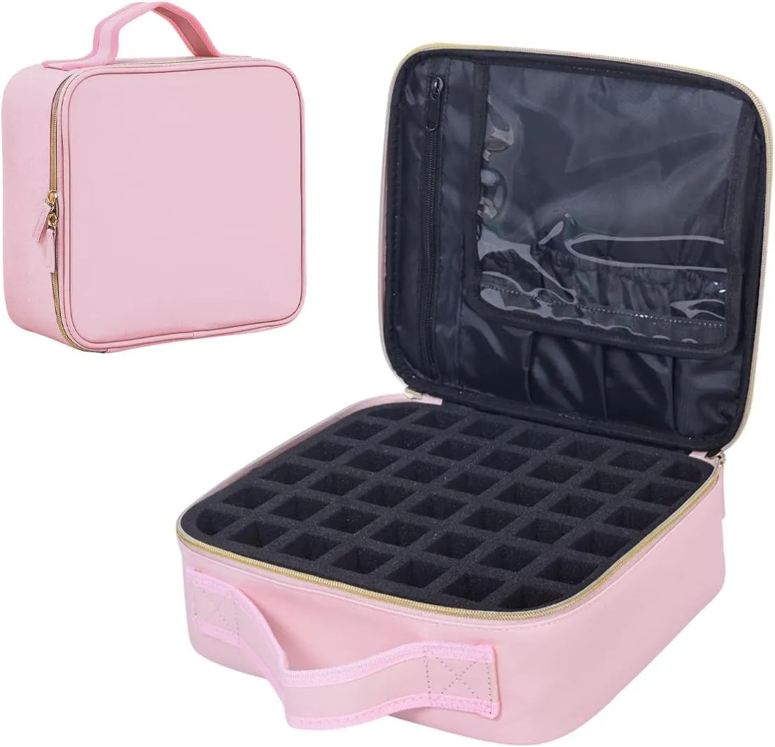 Nail Polish Organizer Case - PU Leather Portable Cosmetic Bag Hold 42 Bottles (15 ml/0.51 floz) with Removable Partition (Pink)