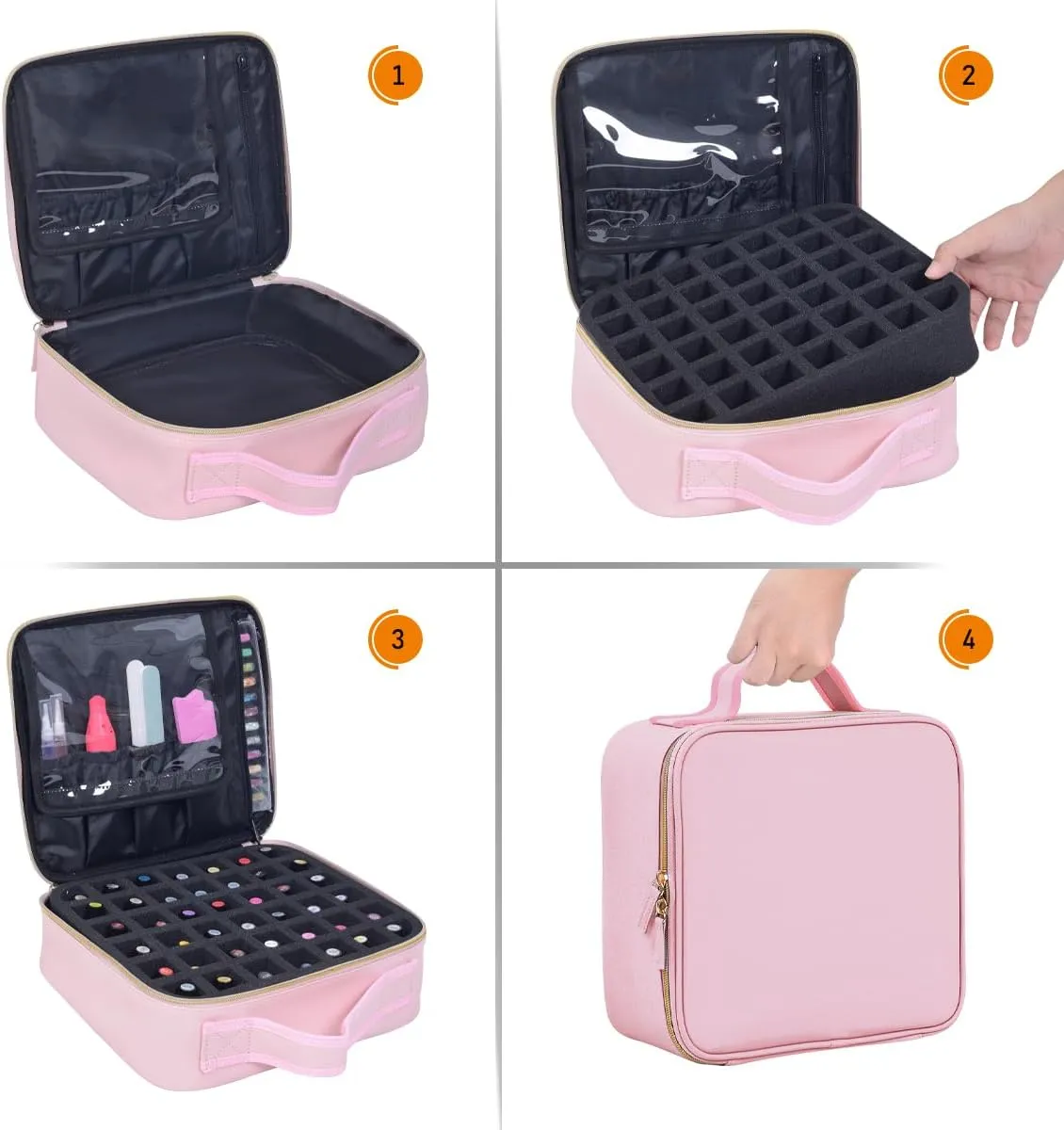 Nail Polish Organizer Case - PU Leather Portable Cosmetic Bag Hold 42 Bottles (15 ml/0.51 floz) with Removable Partition (Pink)