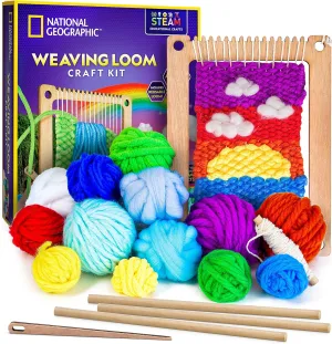 NATIONAL GEOGRAPHIC Kids Weaving Kit - Arts and Crafts Loom Weaving Kit for Kids with Wooden Loom, Yarn & 3 Fun Designs Kids Can Easily Weave, Easy Weaving Loom for Kids, Child Weaving Set, Kids Loom