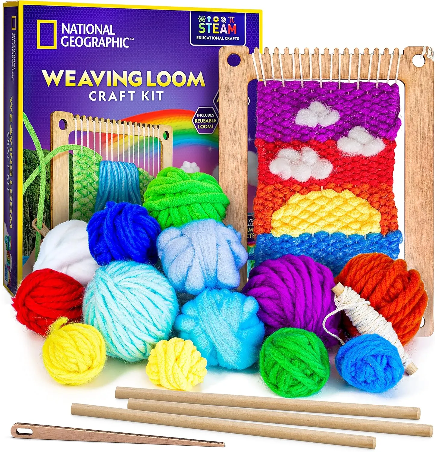 NATIONAL GEOGRAPHIC Kids Weaving Kit - Arts and Crafts Loom Weaving Kit for Kids with Wooden Loom, Yarn & 3 Fun Designs Kids Can Easily Weave, Easy Weaving Loom for Kids, Child Weaving Set, Kids Loom