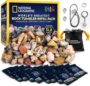 National Geographic Rock Tumbler Refill Kit - 5 lb. Mix of Rocks for Tumbling and Rough Gemstones - Rock Tumbler Supplies Include Rock Tumbler Grit and Polish Refill, and Unpolished Rocks