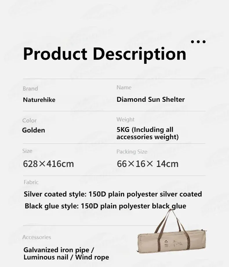 Naturehike Diamond Sun Shelter Portable Lightweight 3-4 Person Tarp Camping Outdoor Waterproof Canopy 6x4m 150D Windproof With 2.4m Pole UPF50 