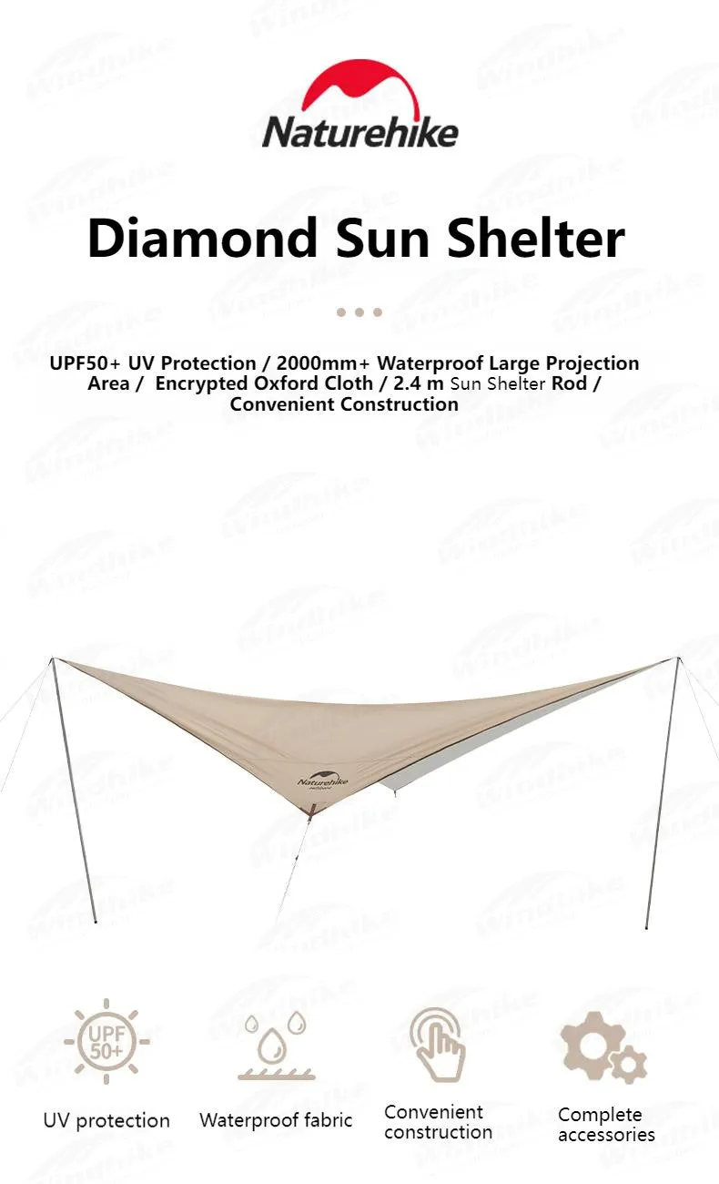 Naturehike Diamond Sun Shelter Portable Lightweight 3-4 Person Tarp Camping Outdoor Waterproof Canopy 6x4m 150D Windproof With 2.4m Pole UPF50 