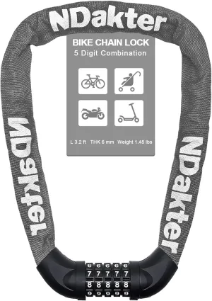 NDakter Bike Chain Lock, 5 Digit Combination Heavy Duty Anti Theft Bicycle Chain Lock,2.62/3.2/4.27/5/6Ft Long Security Resettable Bike Locks for Bike, Bicycle, Scooter, Door, Gate, Fence-4/6mm Thick