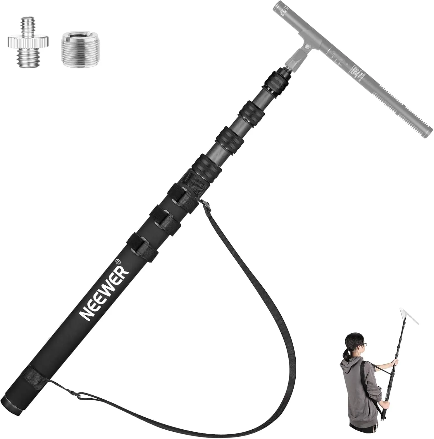 NEEWER Upgraded Microphone Boom Pole, 9.8ft/300cm Telescopic Carbon Fiber Mic Boom Arm with 5 Sections, 1/4" 3/8" 5/8" Screw Adapters, Cable Straps, Shoulder Strap & Storage Bag, MS-300CB (Black)