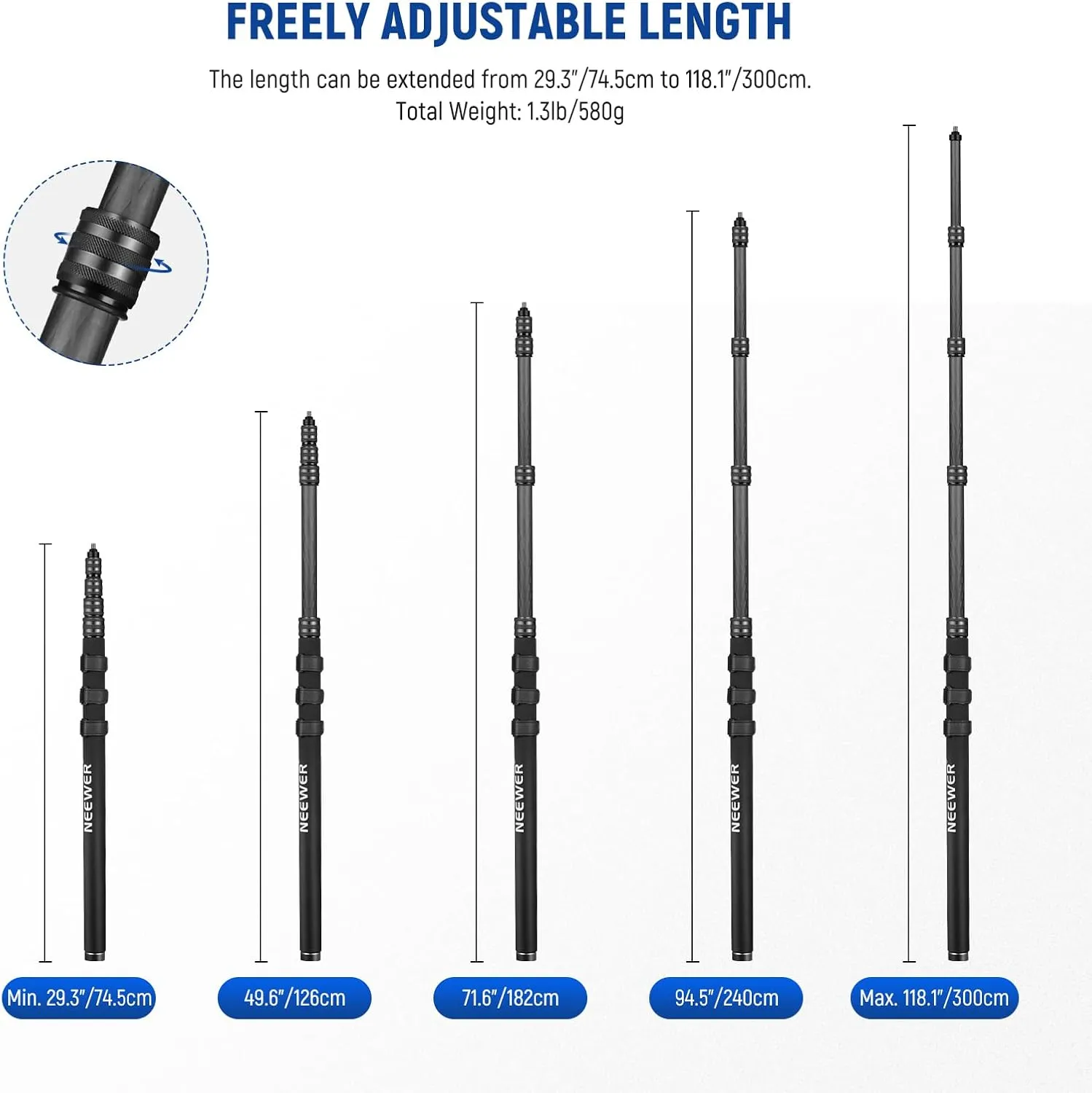 NEEWER Upgraded Microphone Boom Pole, 9.8ft/300cm Telescopic Carbon Fiber Mic Boom Arm with 5 Sections, 1/4" 3/8" 5/8" Screw Adapters, Cable Straps, Shoulder Strap & Storage Bag, MS-300CB (Black)
