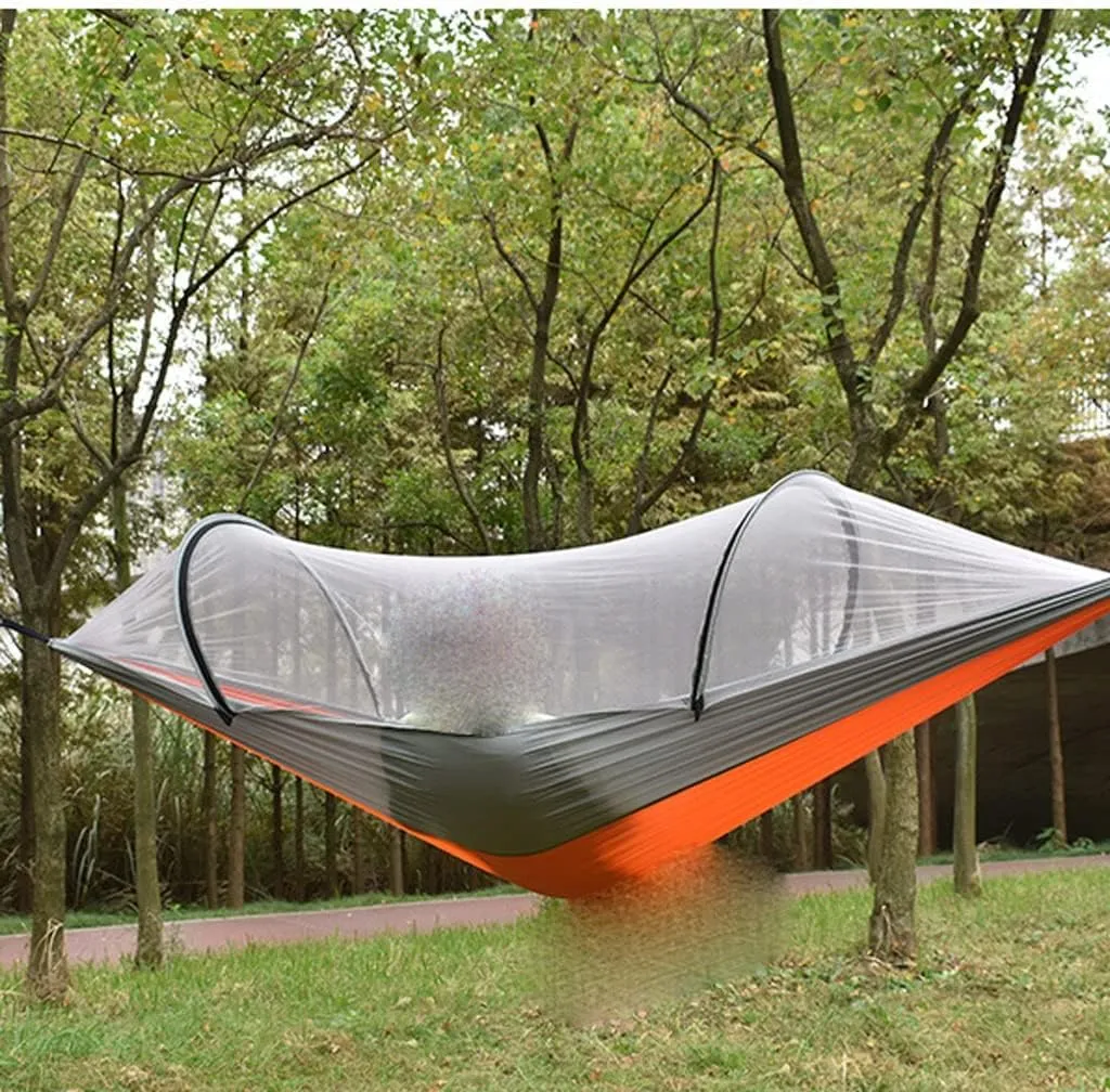 Net Hammock Outdoor Camping Anti-Rollover Nylon Hammock with Net Single Double Automatic Quick-Opening Pole (Color : Argento, Size : 290 * 140cm) (D 290 * 140cm)
