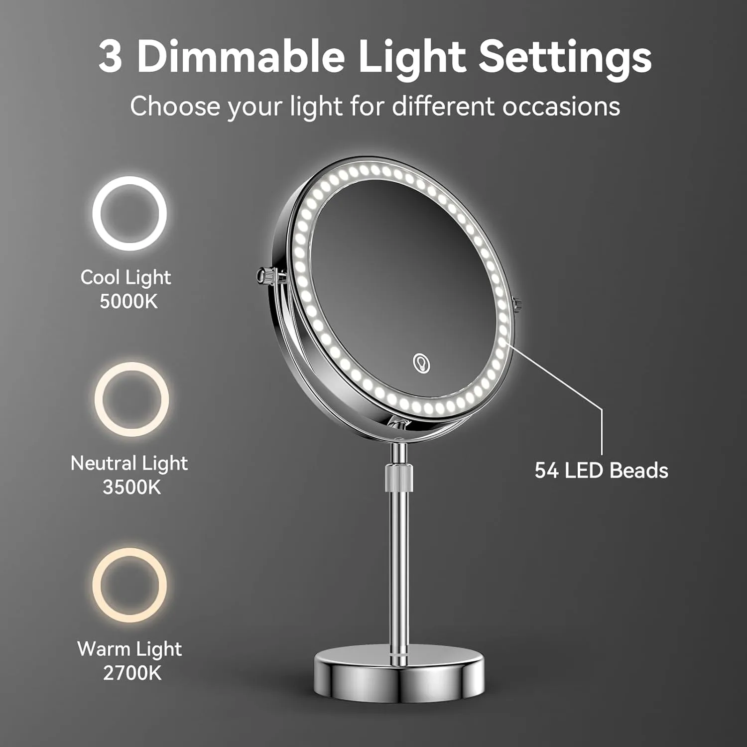 Nicesail LED Lighted Makeup Mirror Tabletop, 10X Magnifying Mirror with 3 Color Lights, Brightness Adjustable Height Adjustable, Double Sided Mirror in Chrome Finish (8 Inch, 10X)