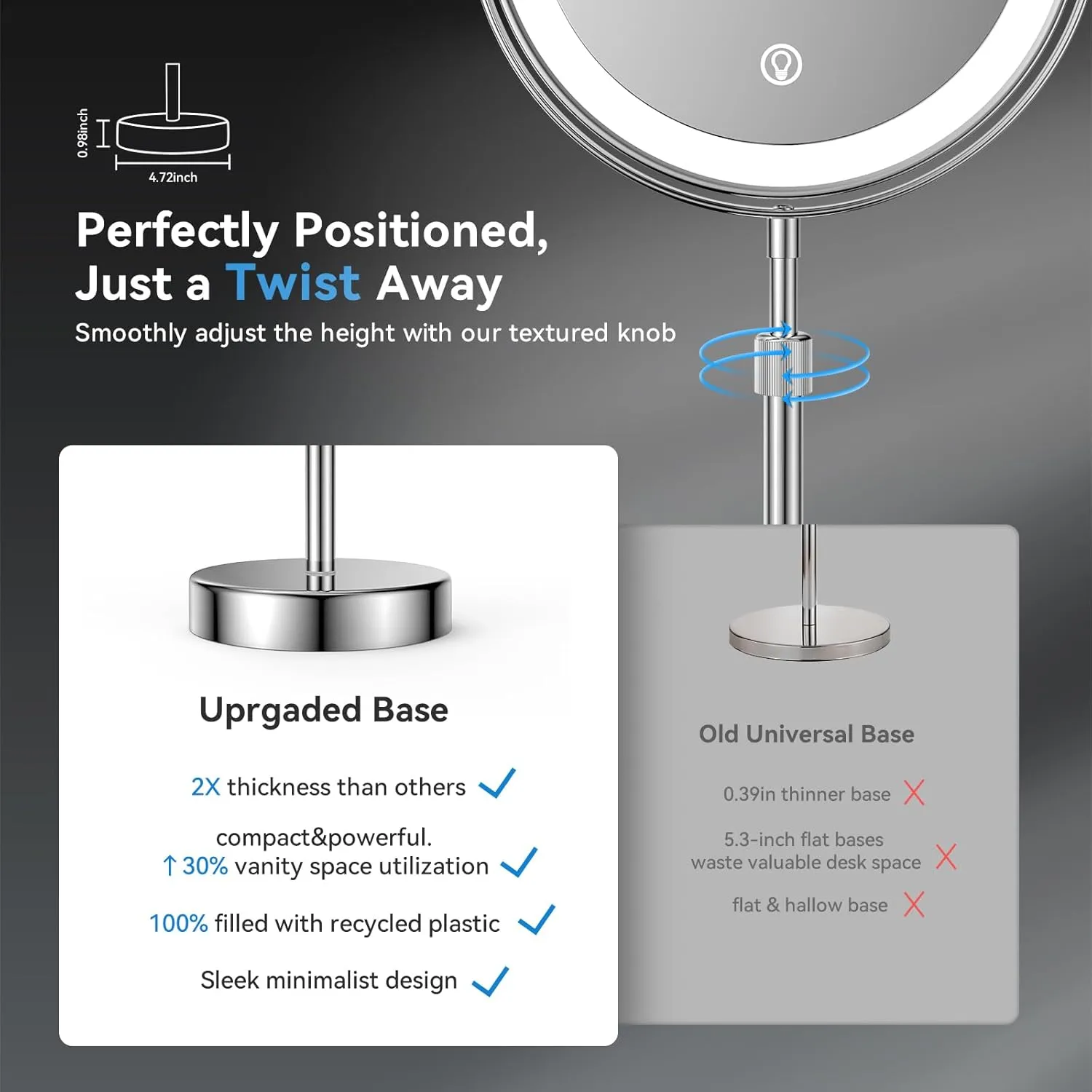Nicesail LED Lighted Makeup Mirror Tabletop, 10X Magnifying Mirror with 3 Color Lights, Brightness Adjustable Height Adjustable, Double Sided Mirror in Chrome Finish (8 Inch, 10X)