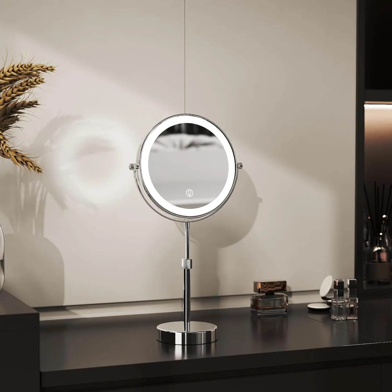 Nicesail LED Lighted Makeup Mirror Tabletop, 10X Magnifying Mirror with 3 Color Lights, Brightness Adjustable Height Adjustable, Double Sided Mirror in Chrome Finish (8 Inch, 10X)