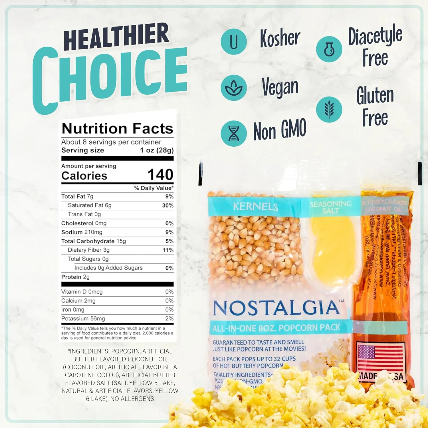 Nostalgia Movie Theater Style Popcorn Packets for Popcorn Machine, All-in-One Popcorn Kernels, Coconut Oil, Seasoning Salt, 8oz Packs, 24 count