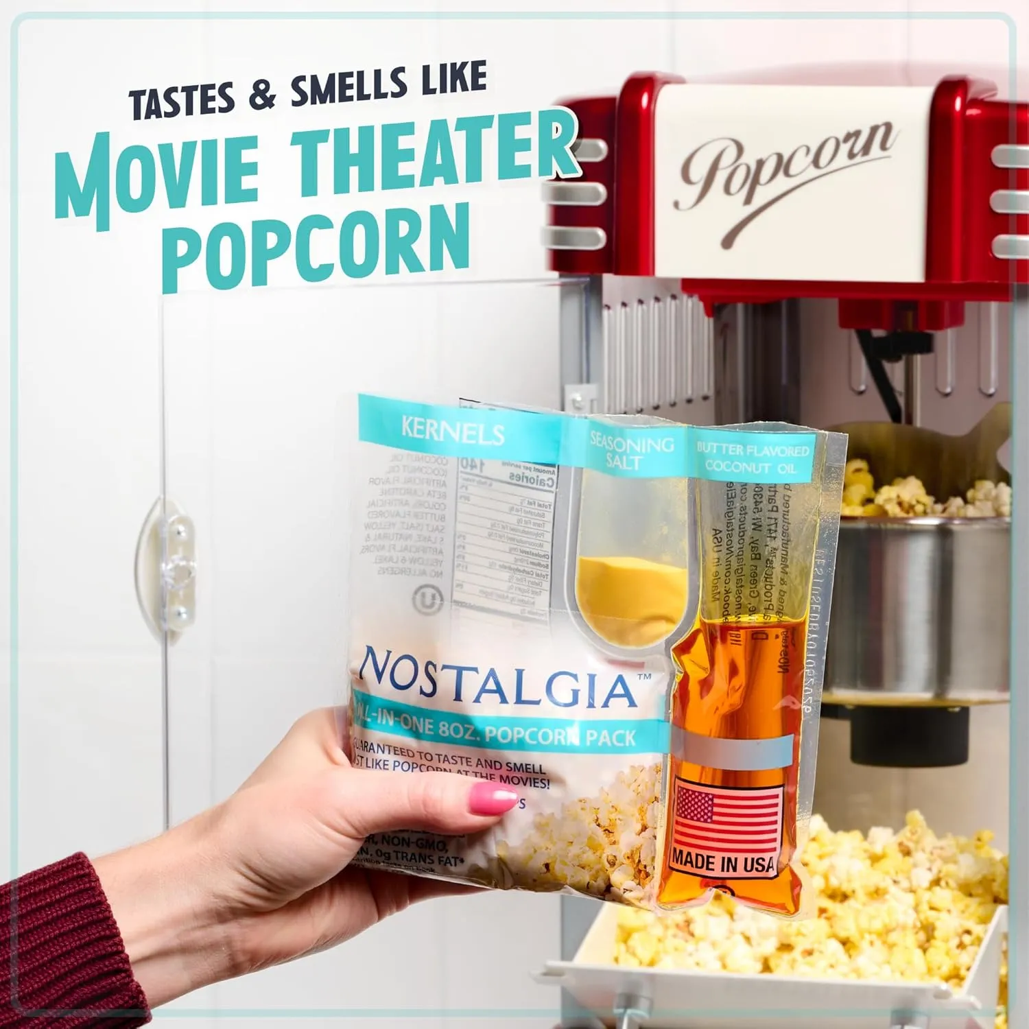 Nostalgia Movie Theater Style Popcorn Packets for Popcorn Machine, All-in-One Popcorn Kernels, Coconut Oil, Seasoning Salt, 8oz Packs, 24 count