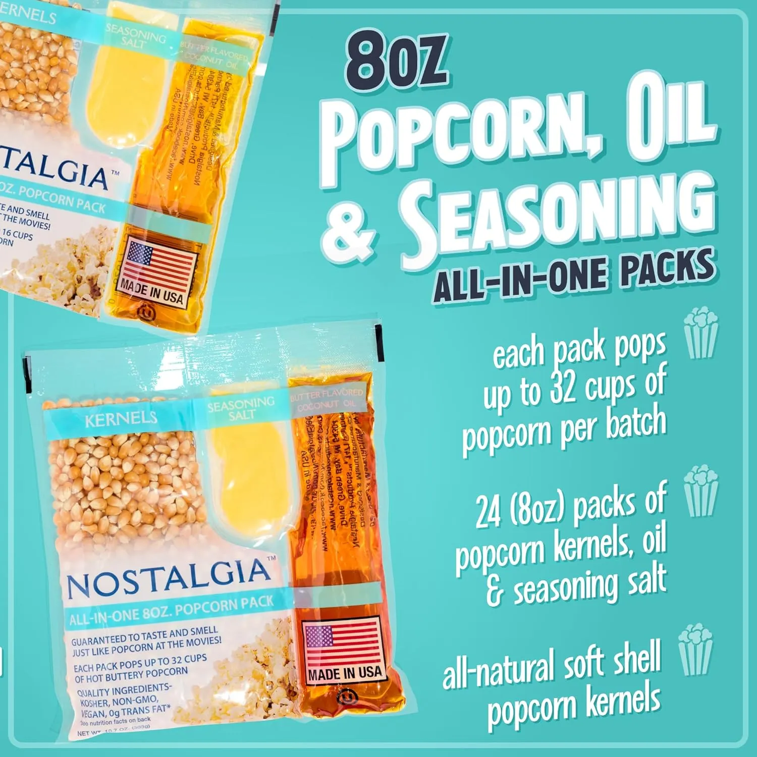 Nostalgia Movie Theater Style Popcorn Packets for Popcorn Machine, All-in-One Popcorn Kernels, Coconut Oil, Seasoning Salt, 8oz Packs, 24 count