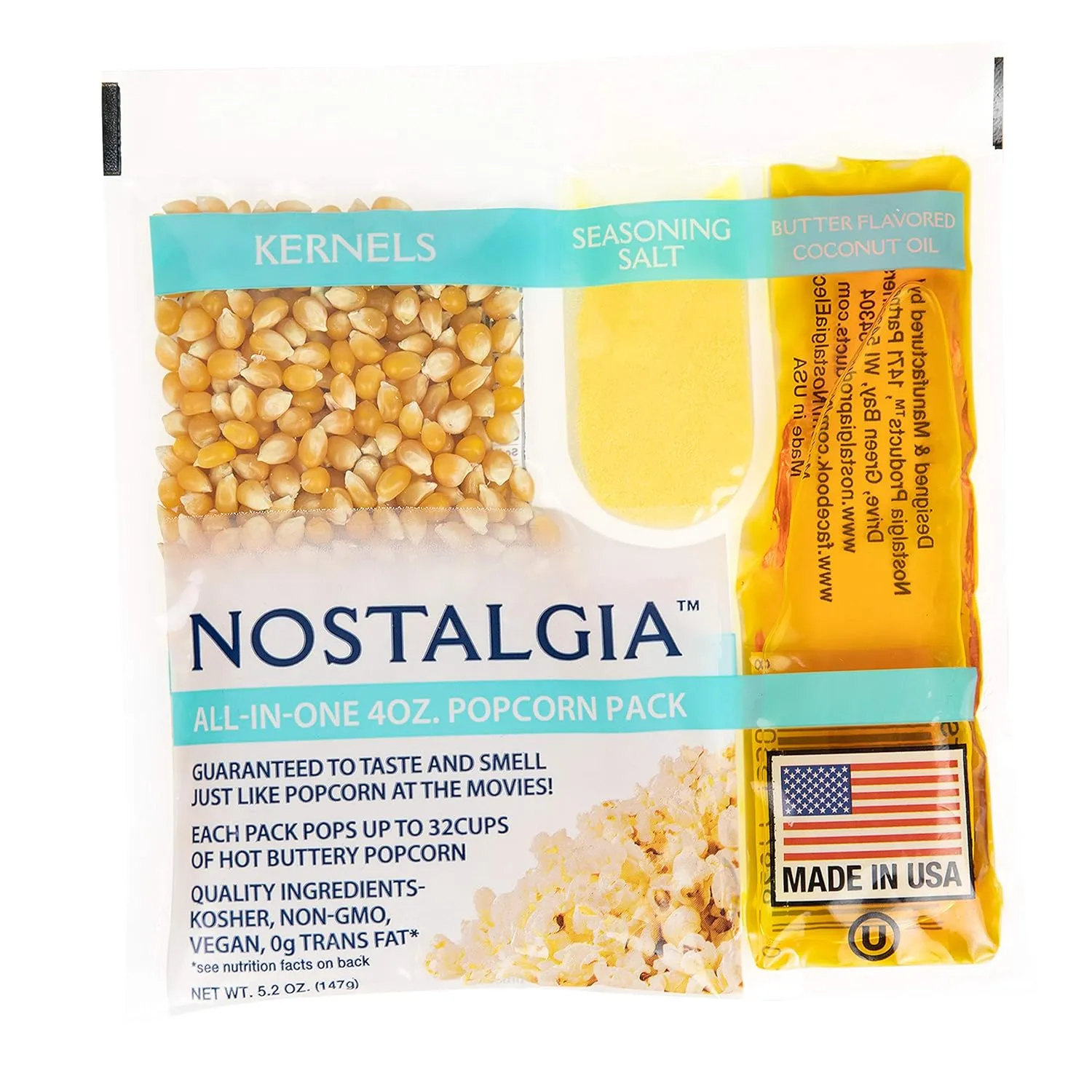 Nostalgia Premium 4-Ounce Popcorn All-In-One Bag - Includes Kernels, Butter-Favored Coconut Oil, and Seasoning Salt - Pack of 24