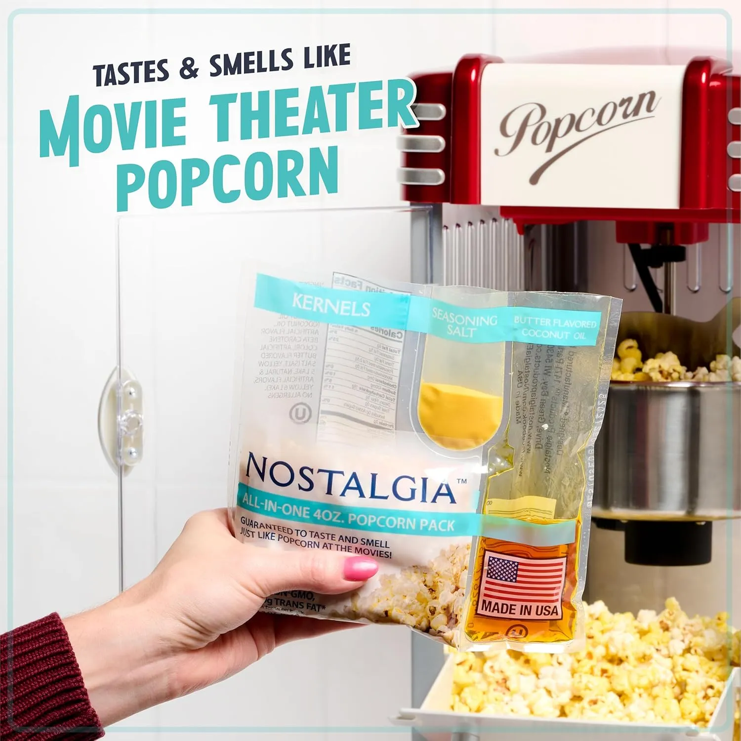 Nostalgia Premium 4-Ounce Popcorn All-In-One Bag - Includes Kernels, Butter-Favored Coconut Oil, and Seasoning Salt - Pack of 24