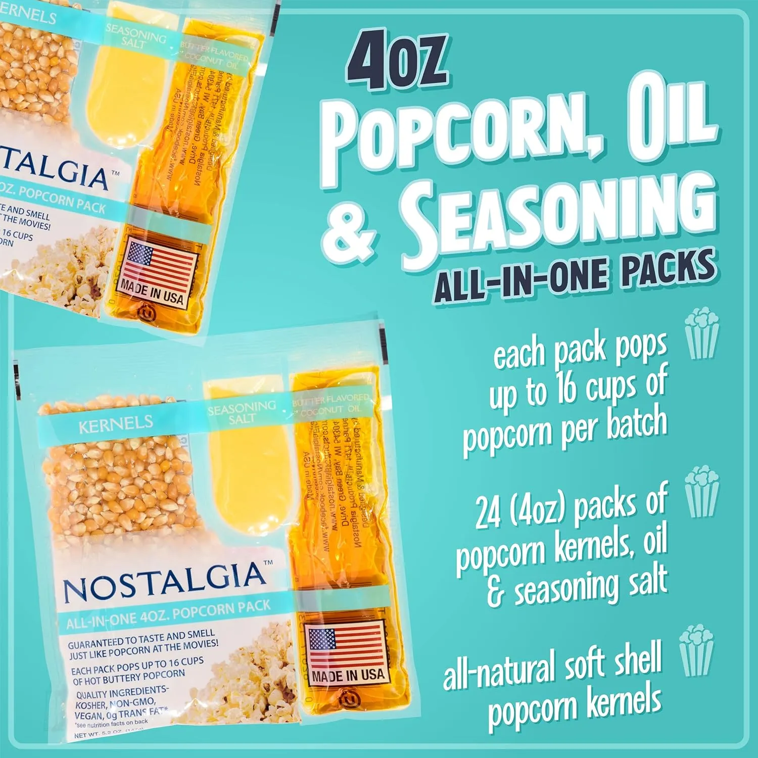 Nostalgia Premium 4-Ounce Popcorn All-In-One Bag - Includes Kernels, Butter-Favored Coconut Oil, and Seasoning Salt - Pack of 24