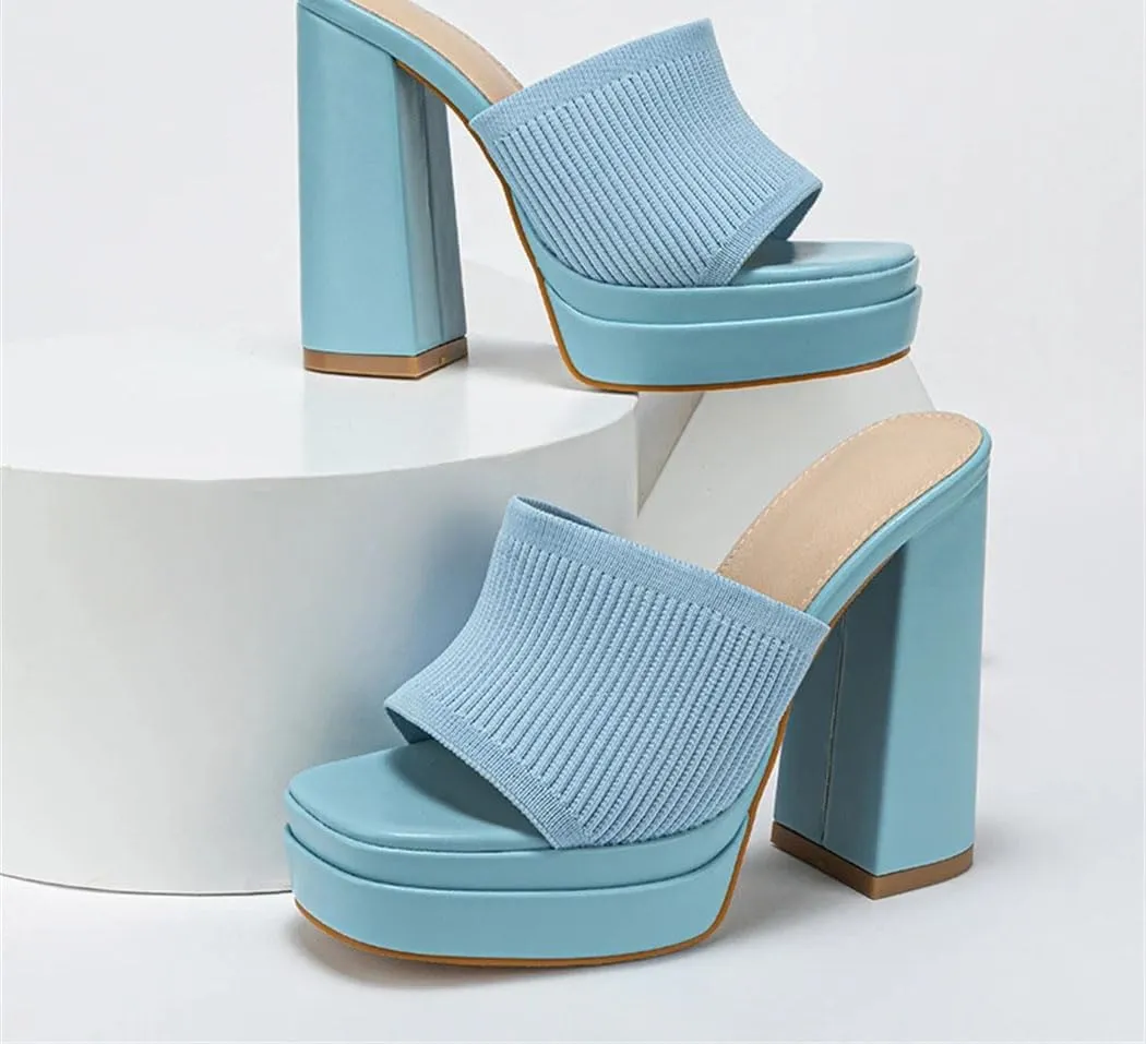 Nude Knit Platform Mules Women's Chunky Peep-Toe High-Heel Sandals For Summer Parties Wedding Guest Outfits