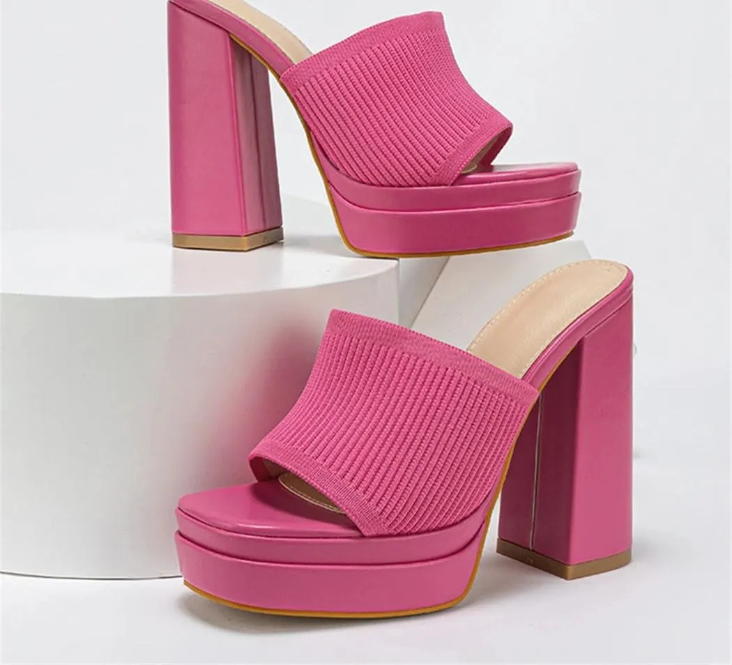 Nude Knit Platform Mules Women's Chunky Peep-Toe High-Heel Sandals For Summer Parties Wedding Guest Outfits