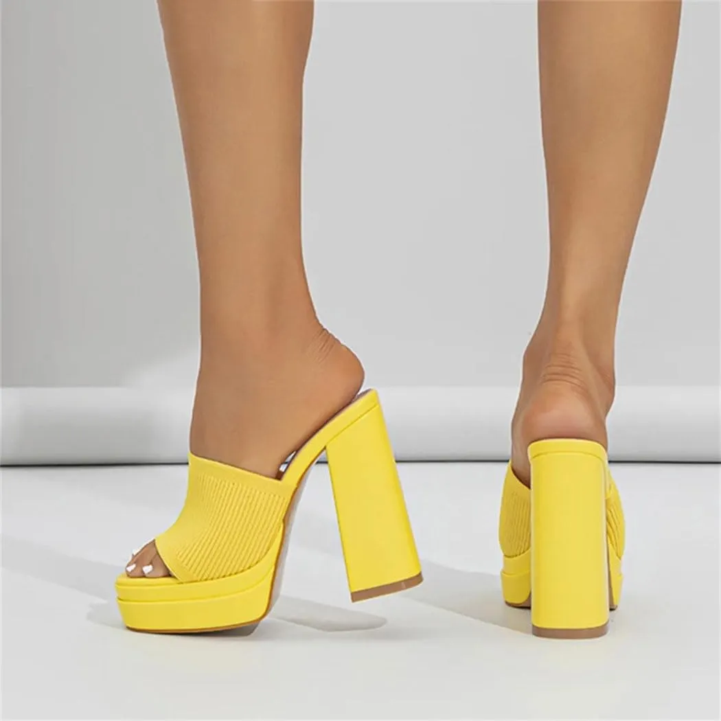 Nude Knit Platform Mules Women's Chunky Peep-Toe High-Heel Sandals For Summer Parties Wedding Guest Outfits