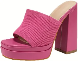 Nude Knit Platform Mules Women's Chunky Peep-Toe High-Heel Sandals For Summer Parties Wedding Guest Outfits