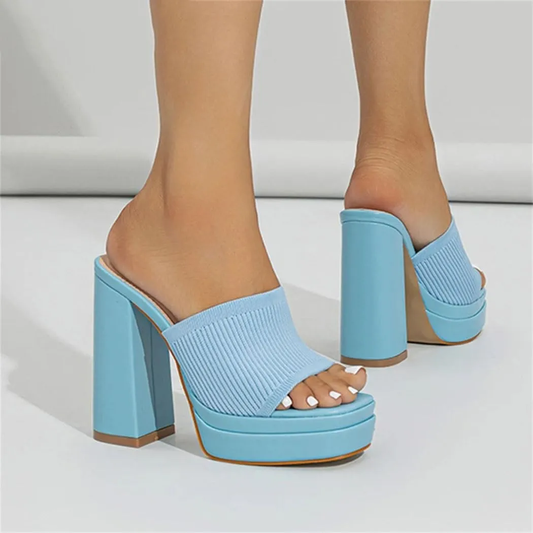 Nude Knit Platform Mules Women's Chunky Peep-Toe High-Heel Sandals For Summer Parties Wedding Guest Outfits