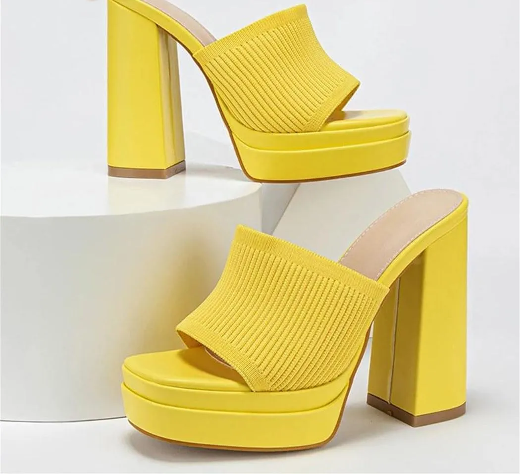 Nude Knit Platform Mules Women's Chunky Peep-Toe High-Heel Sandals For Summer Parties Wedding Guest Outfits