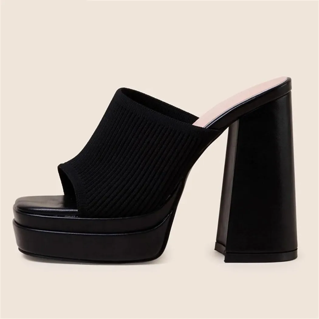 Nude Knit Platform Mules Women's Chunky Peep-Toe High-Heel Sandals For Summer Parties Wedding Guest Outfits