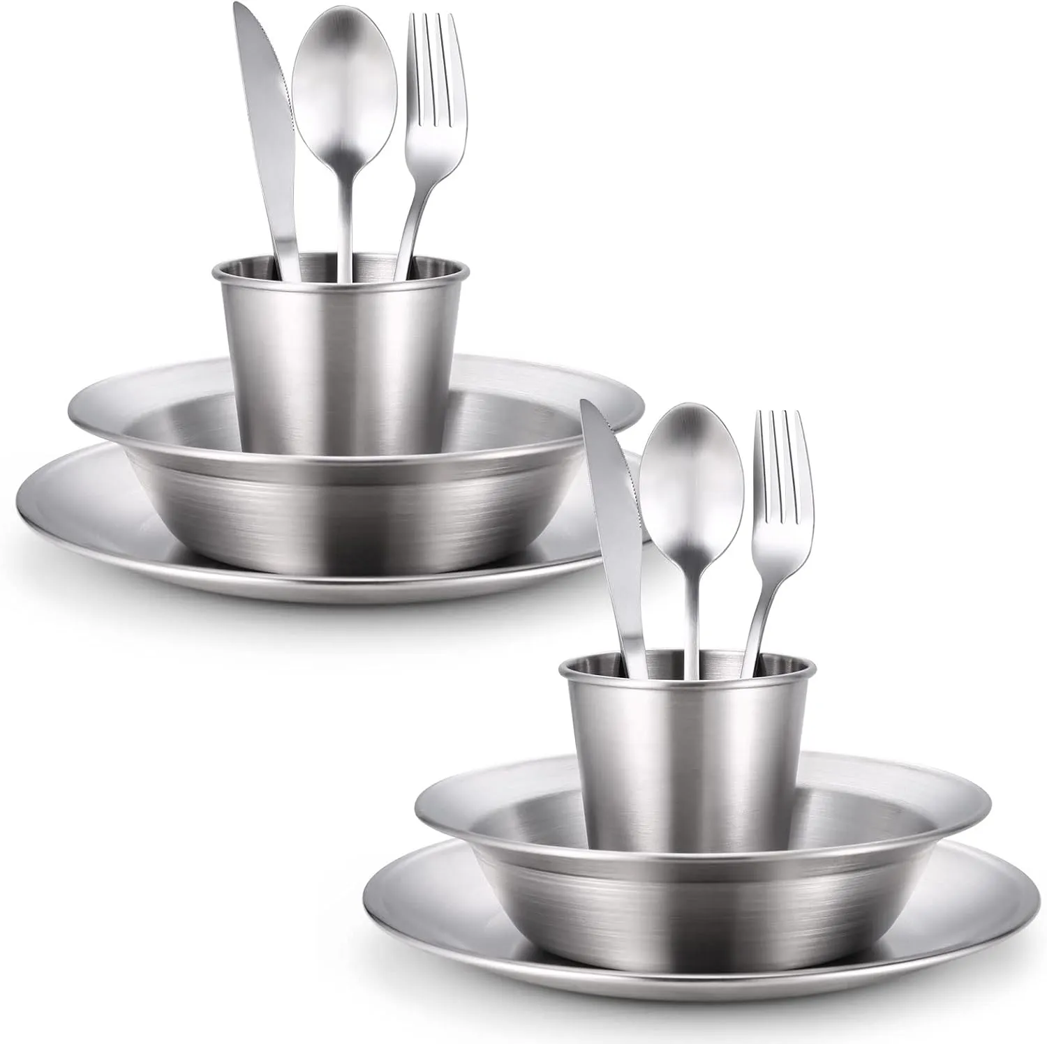 Odoland Camping Complete Messware Kit, Polished Stainless Steel Camp Dinnerware, Camping Cooking Tableware, Cutlery Organizer Utensil with Plates and Bowls Set for Backpacking, Hiking, Picnic