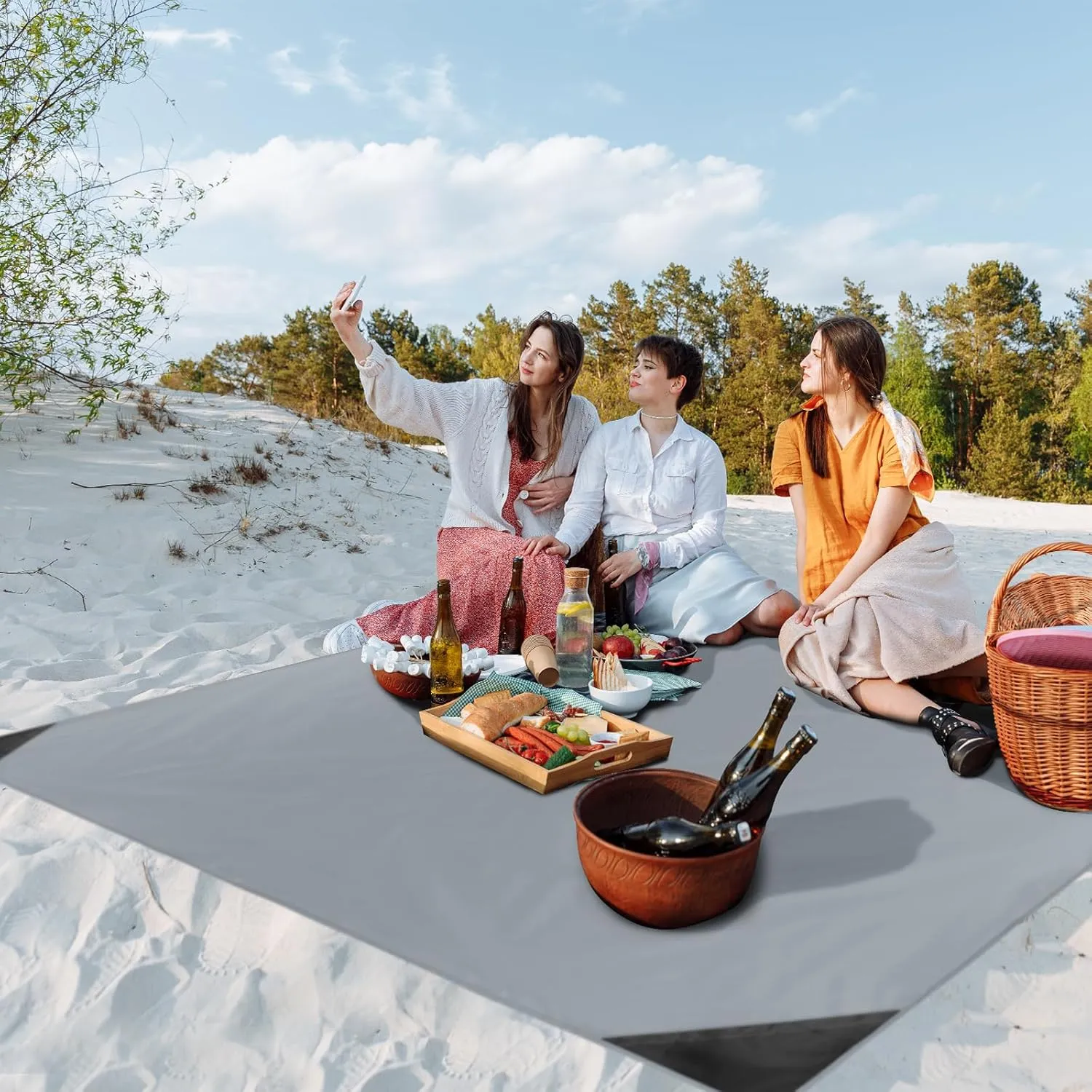 Odoland Pocket Blanket Picnic Blanket, 71" x 63" SandProof Waterproof Outdoor Beach Blanket with Portable Bag, Foldable Lightweight Sand Free Quick Drying Beach Mat for Hiking Camping Travel,Grey