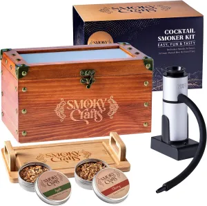 Old Fashioned Smoker Kit - Whiskey Smoker Kit with Smoking Gun, Cocktail Smoke Box, Food Tray and Wood Chips (Apple & Cherry) - Bourbon Gifts for Men (Torch Not Required)