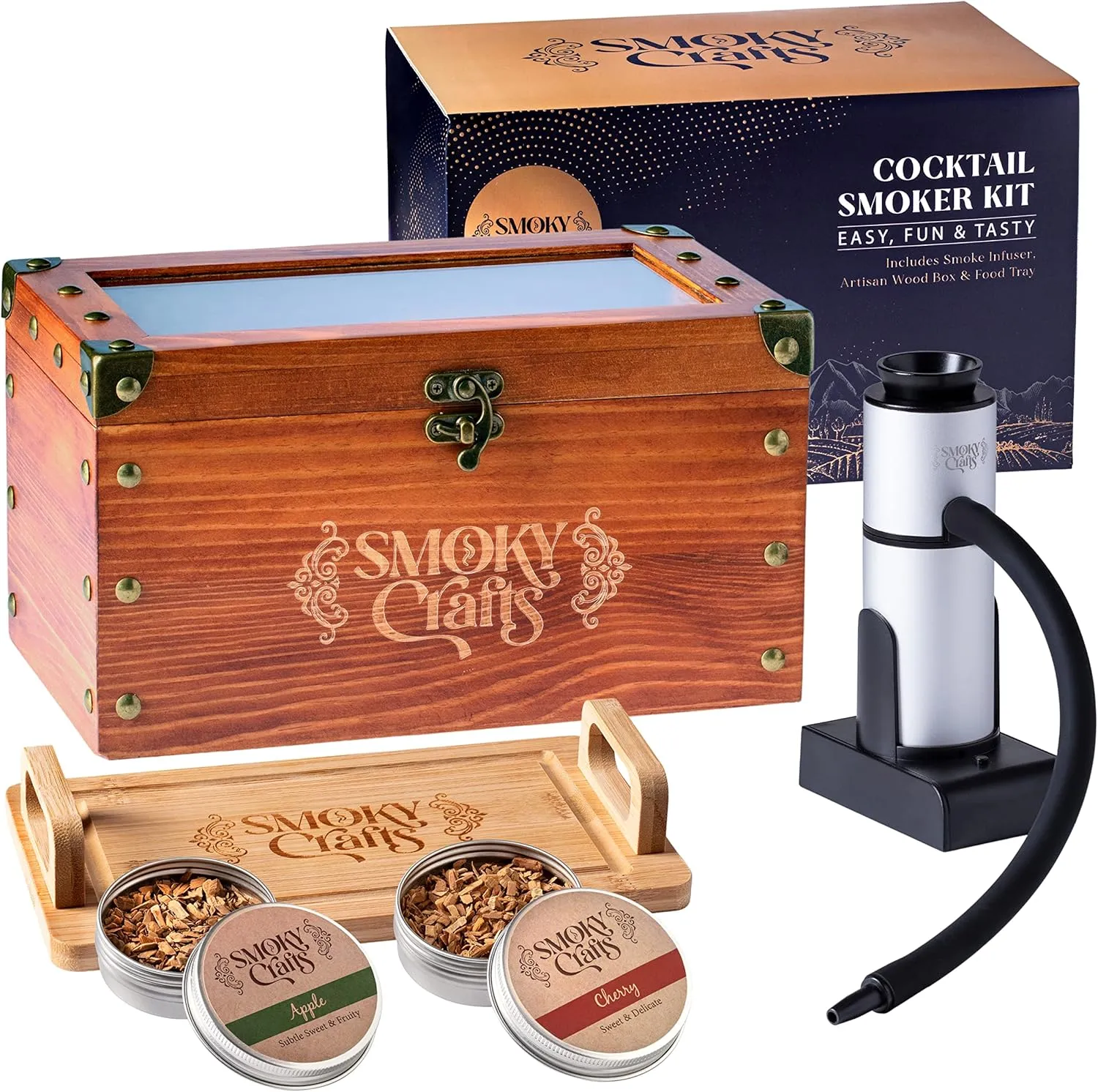 Old Fashioned Smoker Kit - Whiskey Smoker Kit with Smoking Gun, Cocktail Smoke Box, Food Tray and Wood Chips (Apple & Cherry) - Bourbon Gifts for Men (Torch Not Required)