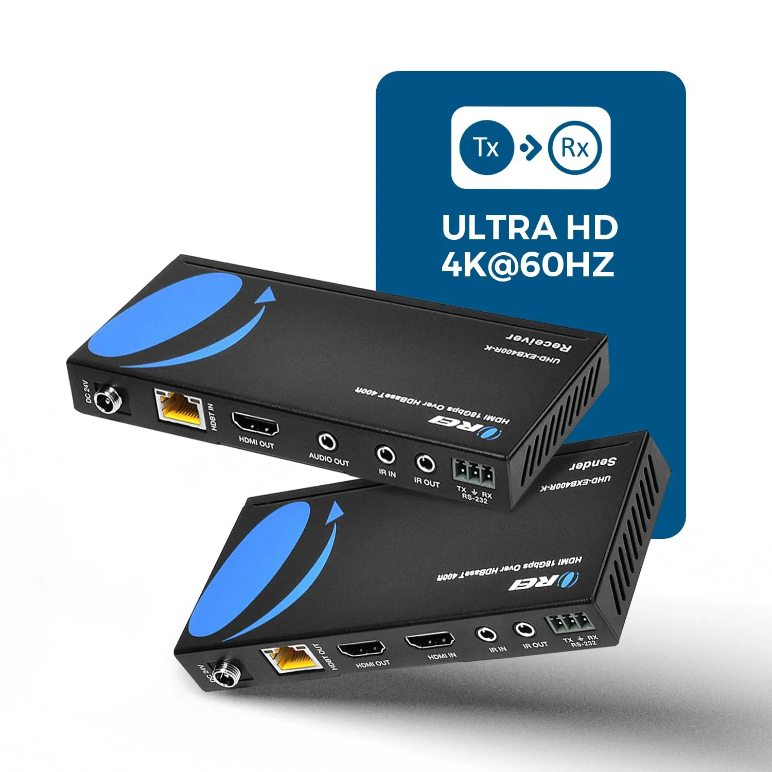 OREI 4K HDMI over Ethernet Extender Balun - HDBaseT UltraHD 4K @ 60Hz 4:4:4 CAT5e/6/7 Cable with HDR, CEC & IR Control, RS-232 Up to 400 Ft Loop Out POC Audio Out (UHD-EXB400R-K)