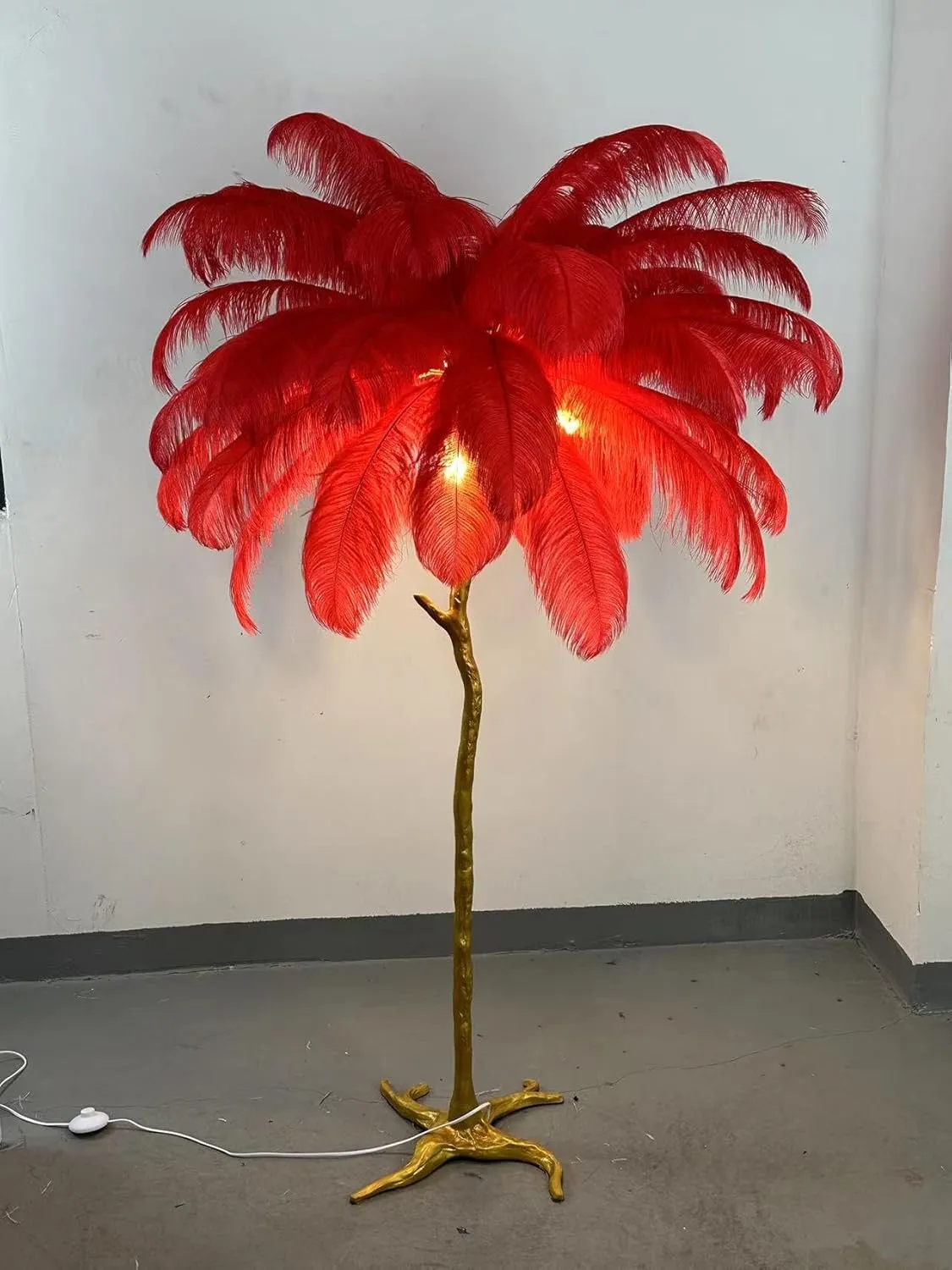 Ostrich Feather lamp,Resin Feather lamp with Natural Ostrich Feathers (Contains Light Sources) Have Footswitch Dimmable Floor Lamp (90x170cm(35×67inch),Big Red)