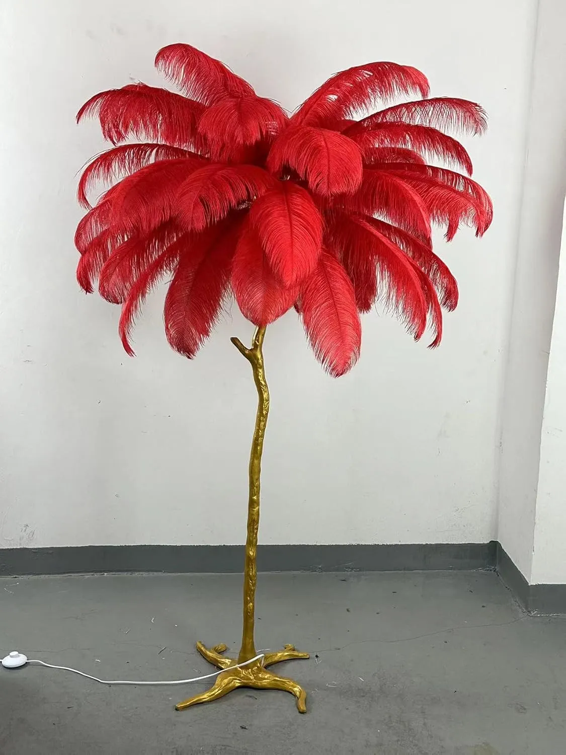 Ostrich Feather lamp,Resin Feather lamp with Natural Ostrich Feathers (Contains Light Sources) Have Footswitch Dimmable Floor Lamp (90x170cm(35×67inch),Big Red)