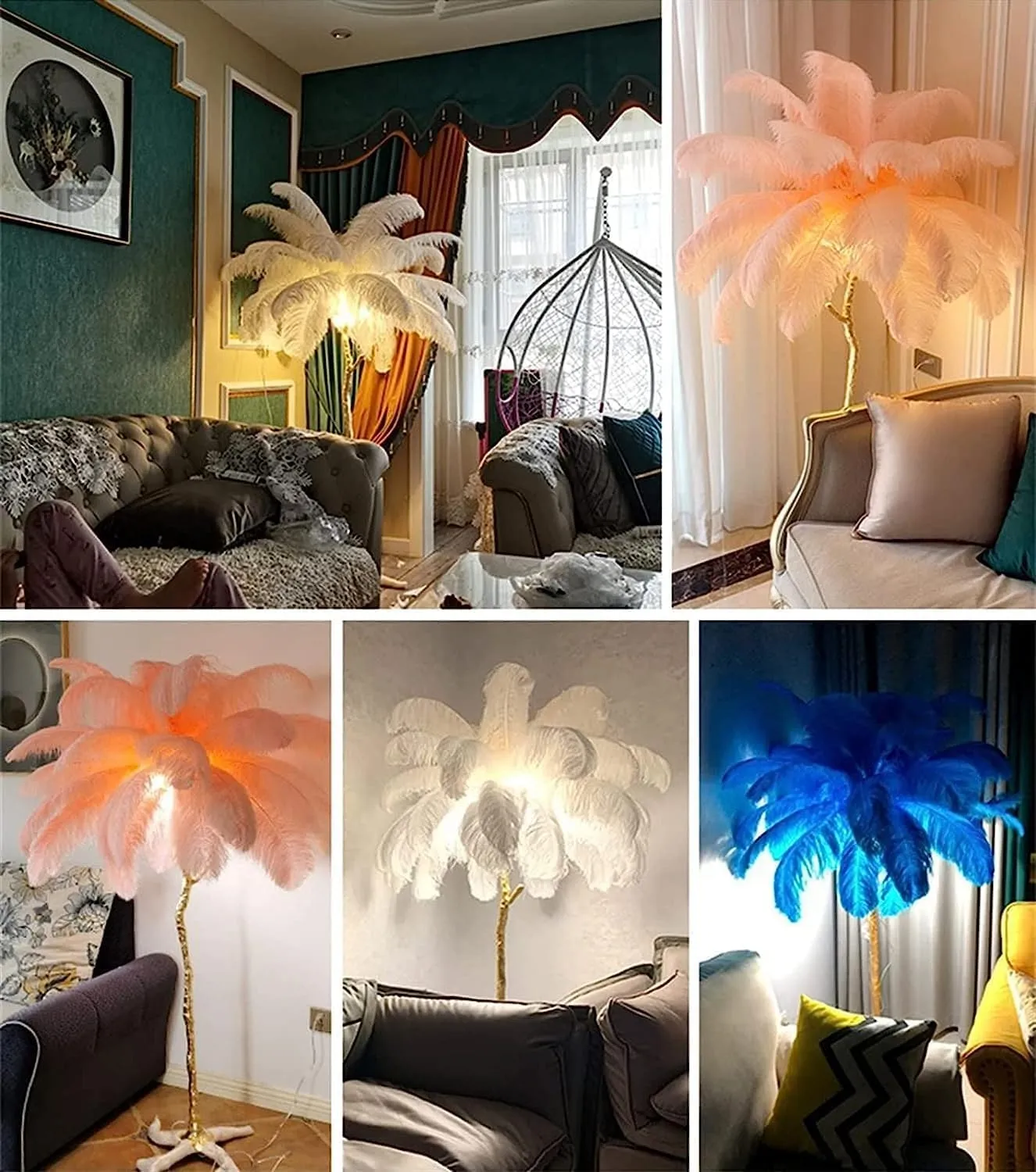 Ostrich Feather lamp,Resin Feather lamp with Natural Ostrich Feathers (Contains Light Sources) Have Footswitch Dimmable Floor Lamp (90x170cm(35×67inch),White)