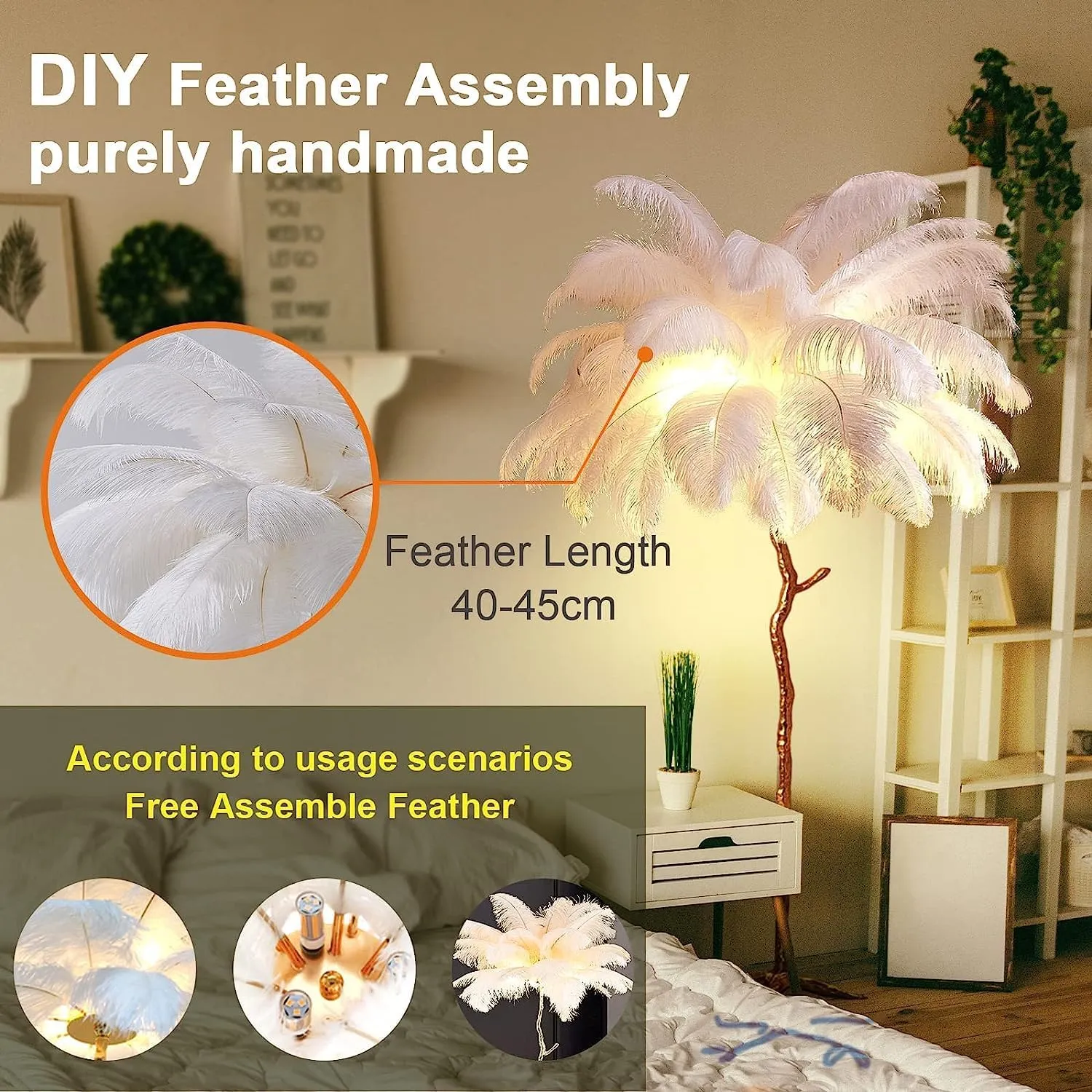 Ostrich Feather lamp,Resin Feather lamp with Natural Ostrich Feathers (Contains Light Sources) Have Footswitch Dimmable Floor Lamp (90x170cm(35×67inch),White)