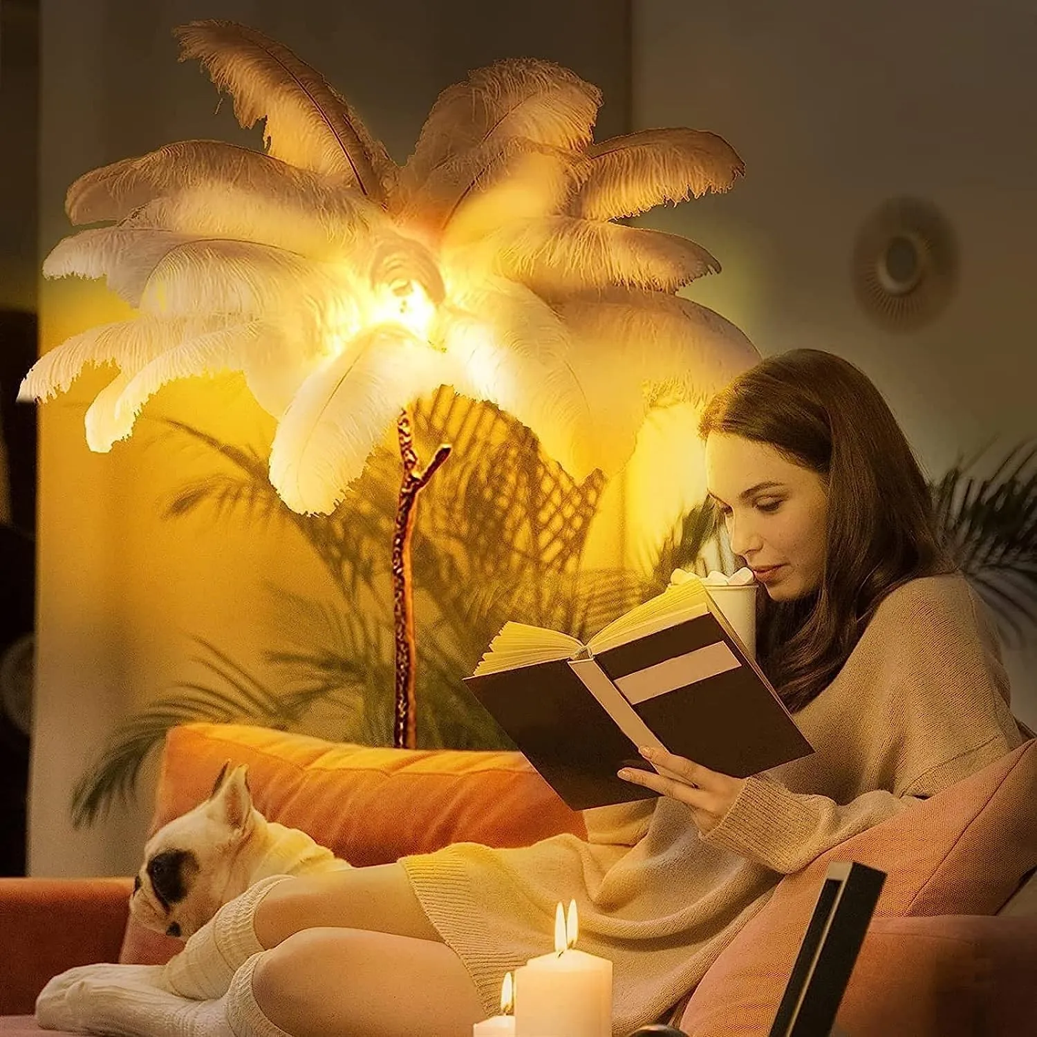 Ostrich Feather lamp,Resin Feather lamp with Natural Ostrich Feathers (Contains Light Sources) Have Footswitch Dimmable Floor Lamp (90x170cm(35×67inch),White)