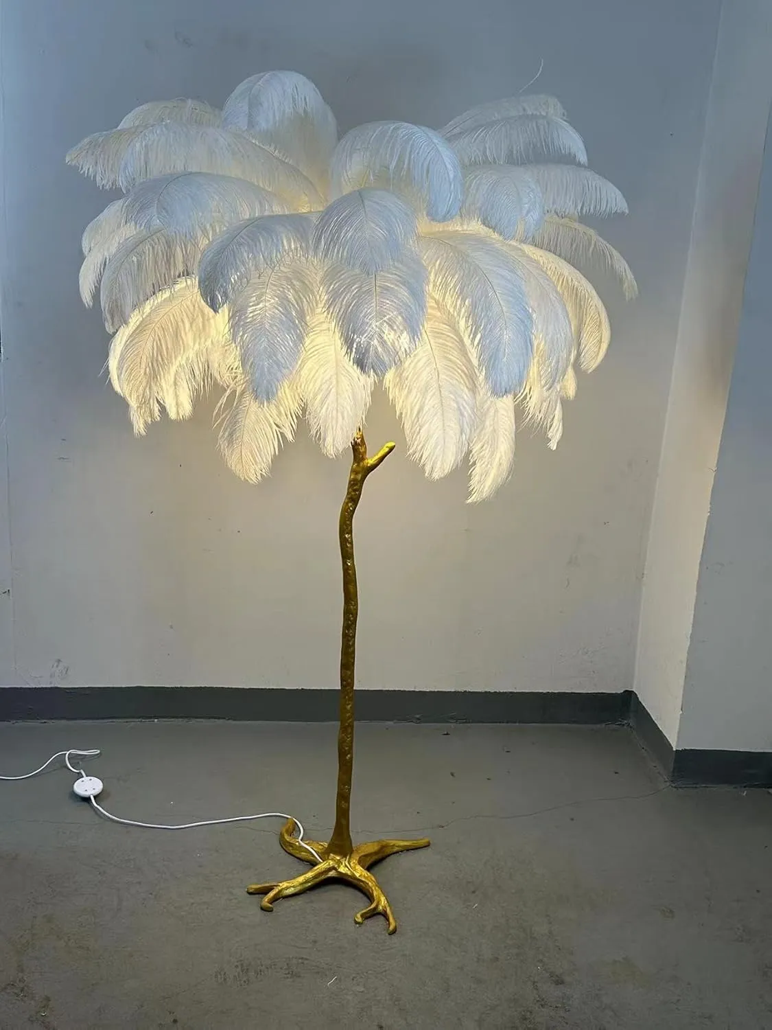Ostrich Feather lamp,Resin Feather lamp with Natural Ostrich Feathers (Contains Light Sources) Have Footswitch Dimmable Floor Lamp (90x170cm(35×67inch),White)