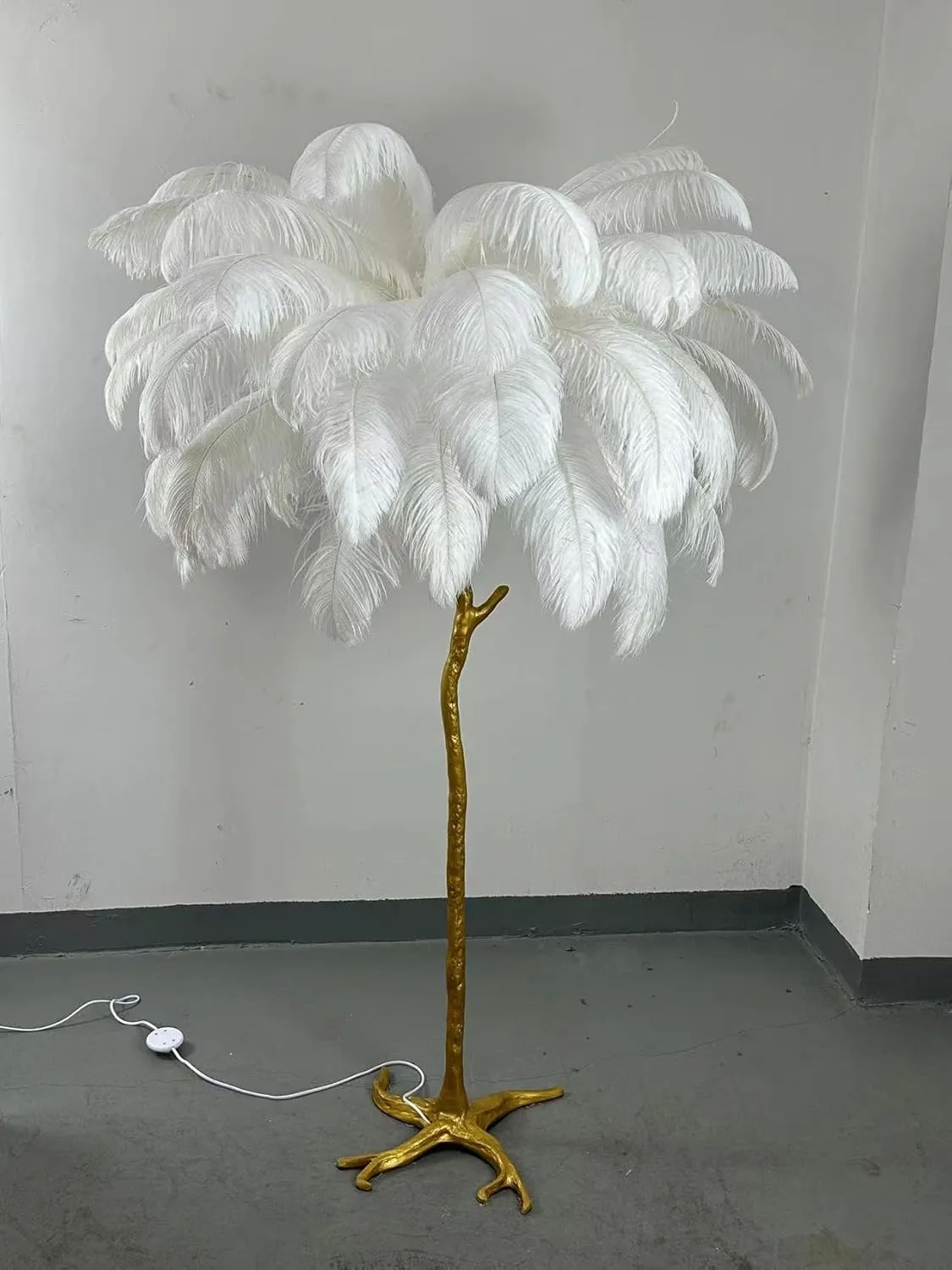Ostrich Feather lamp,Resin Feather lamp with Natural Ostrich Feathers (Contains Light Sources) Have Footswitch Dimmable Floor Lamp (90x170cm(35×67inch),White)