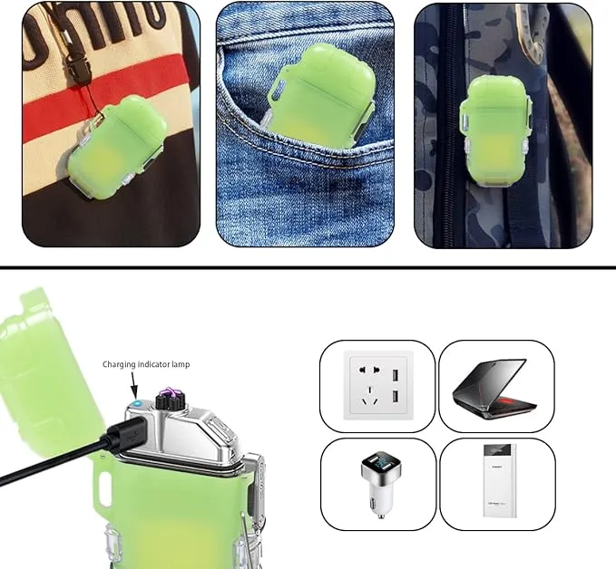 Outdoor Arc Electric Lighter USB Rechargeable Lighter LED Flashlight Double Arc Plasma Lighter Perfect for Camping Hiking Traveling (Noctilucent)