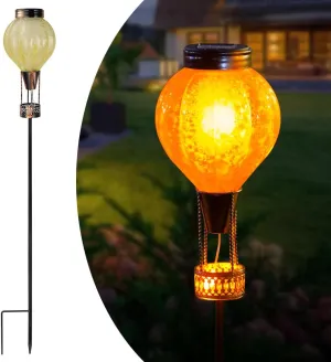 Outdoor Solar Lights Waterproof with Hot Air Balloon, Flickering Flame Solar Garden Light Glass Landscape Lamp, Stake Lights Outside Decor for Pathway Walkway Yard Patio