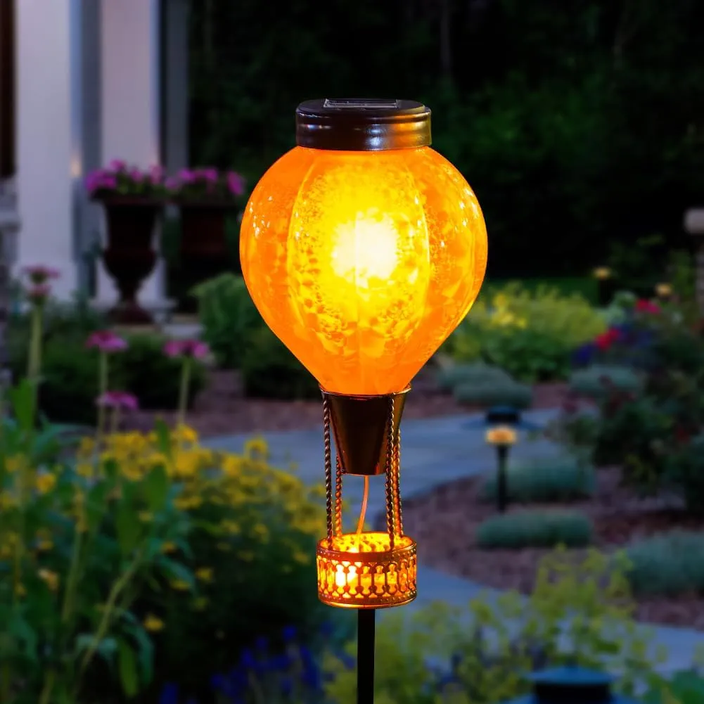 Outdoor Solar Lights Waterproof with Hot Air Balloon, Flickering Flame Solar Garden Light Glass Landscape Lamp, Stake Lights Outside Decor for Pathway Walkway Yard Patio
