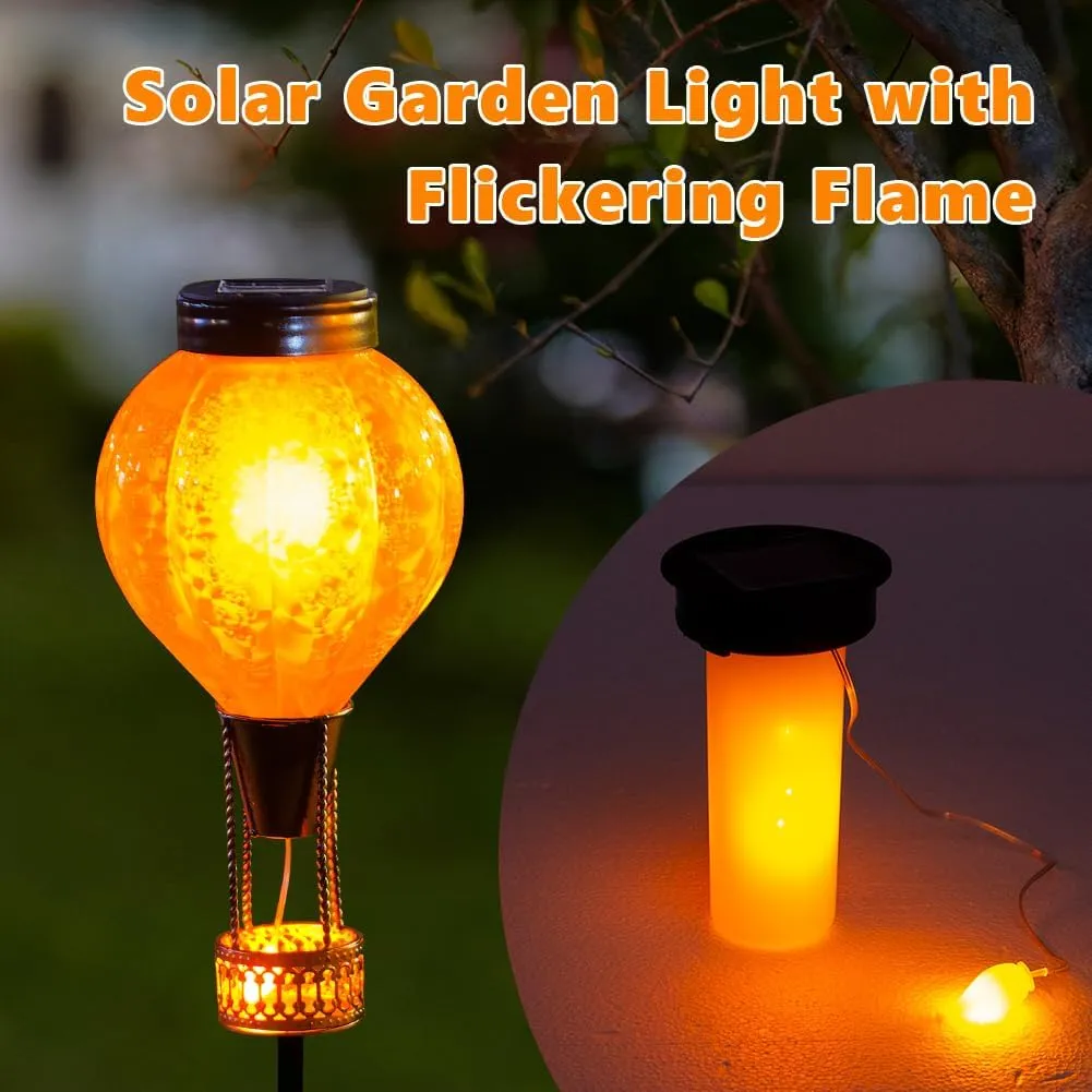 Outdoor Solar Lights Waterproof with Hot Air Balloon, Flickering Flame Solar Garden Light Glass Landscape Lamp, Stake Lights Outside Decor for Pathway Walkway Yard Patio