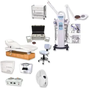 Pack-9, Spa Equipment, 17-Function Facial Machine, Oxygen Facial Unit, Electric Massage Bed, Stool, UV Light, Towel Warmer, Wood Cart, Skin Scope, Double Wax Warmer